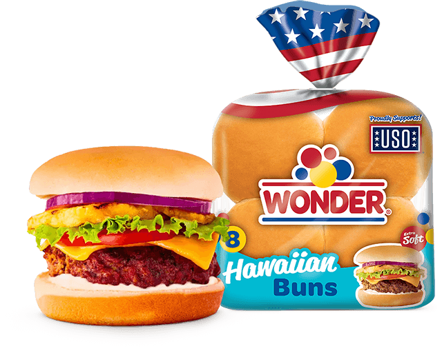 Wonder Hawaiian Buns packaging and hamburger